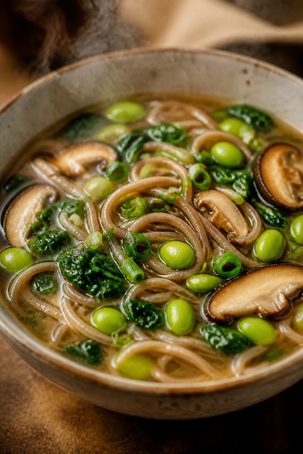 Miso soba soup with edamame and mushrooms in a bowl