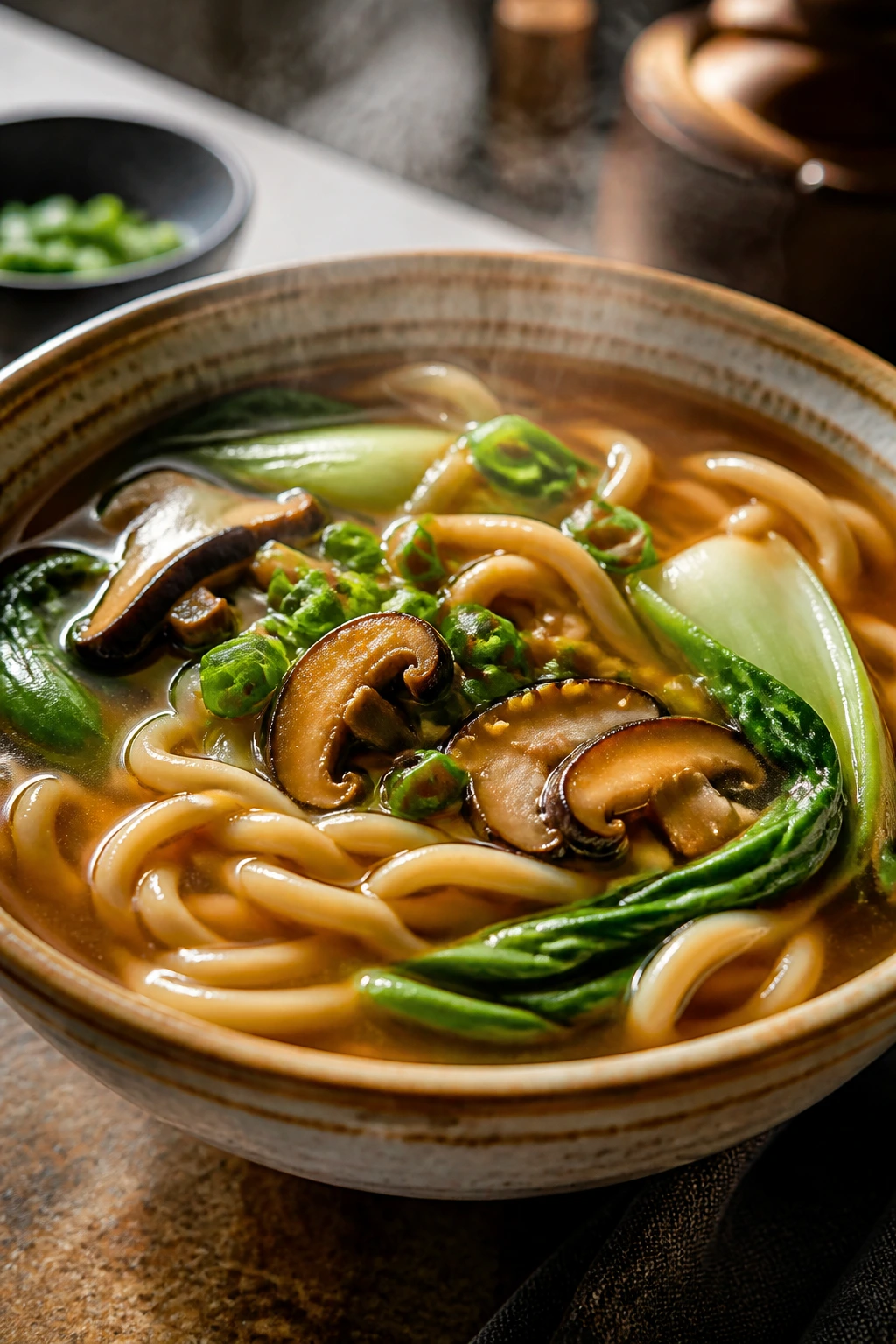 Miso udon with mushrooms and greens in a bowl