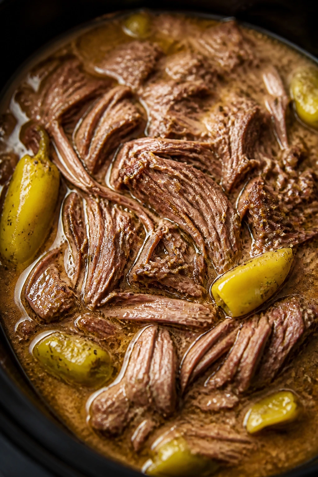 Shredded Mississippi pot roast with buttery gravy on a plate