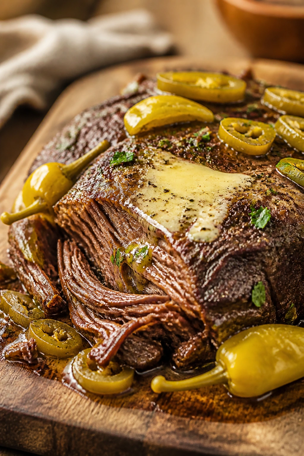 Close-up of Mississippi pot roast with butter on top