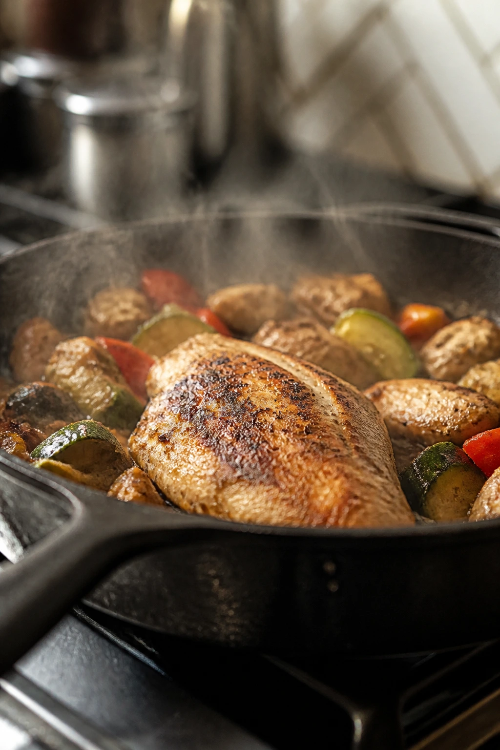 Overcrowded skillet with moisture steaming and chicken browning.