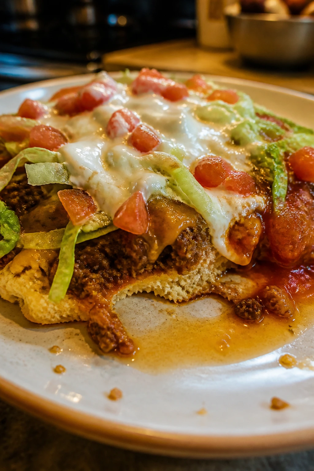 Close-up of a plate with wet toppings separating from a dry base.