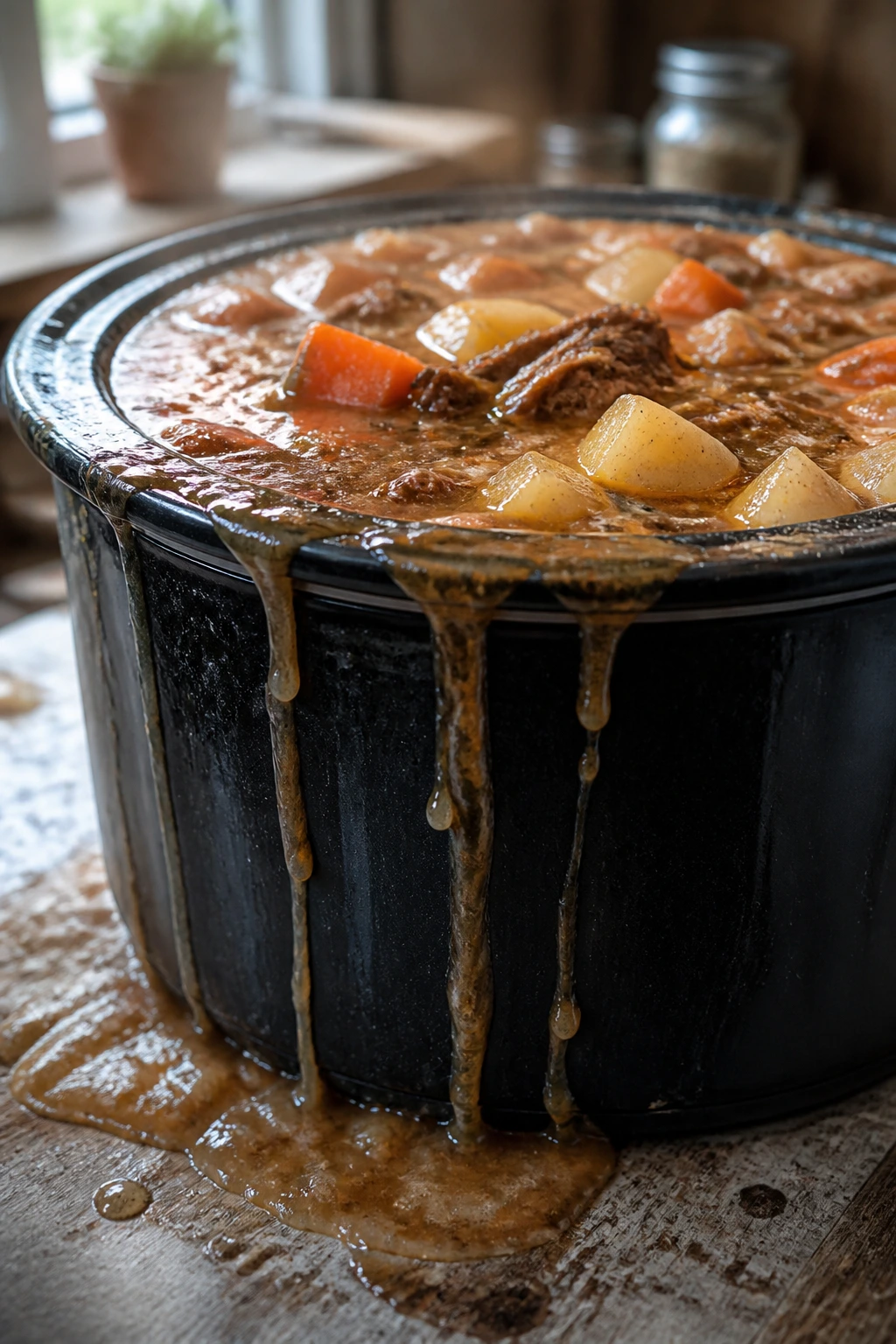 Overflowing slow cooker with too much liquid illustrating a common cooking mistake.