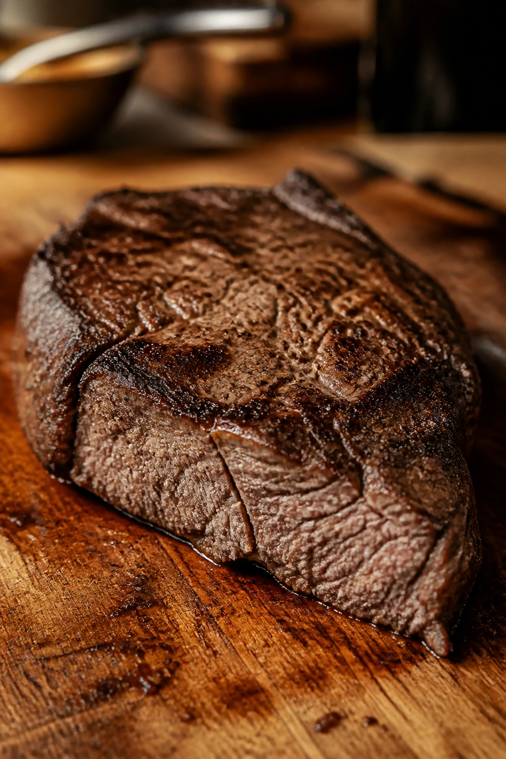 Close-up of a dry overcooked steak on a cutting board illustrating common cooking mistakes
