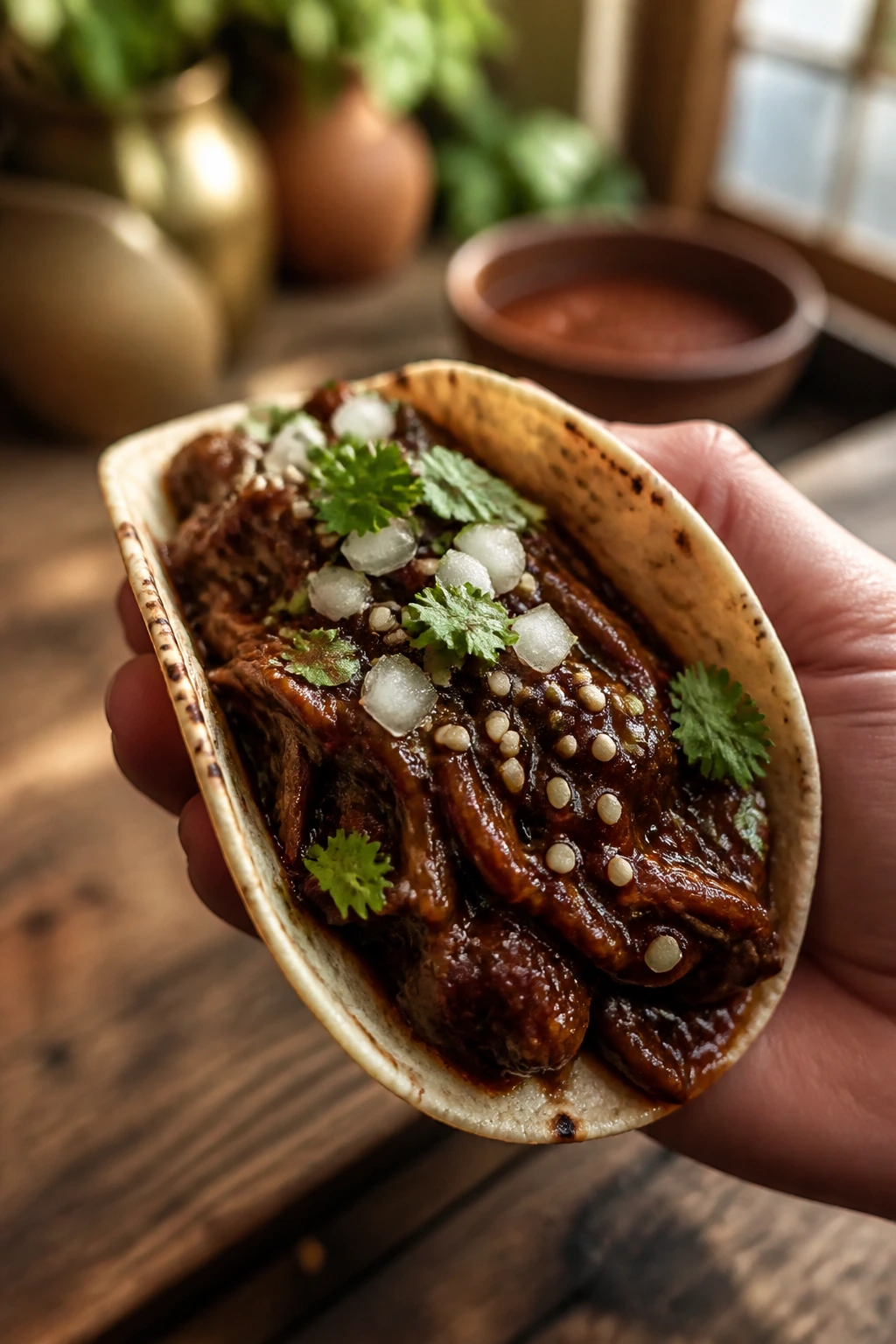 Close-up of mole chicken street taco with dark mole sauce and sesame seeds