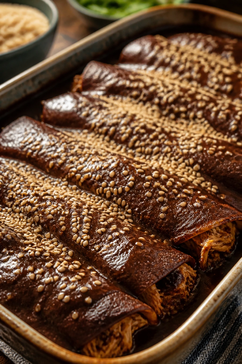 Close-up of Chicken Mole Enchiladas with dark mole sauce and sesame seeds