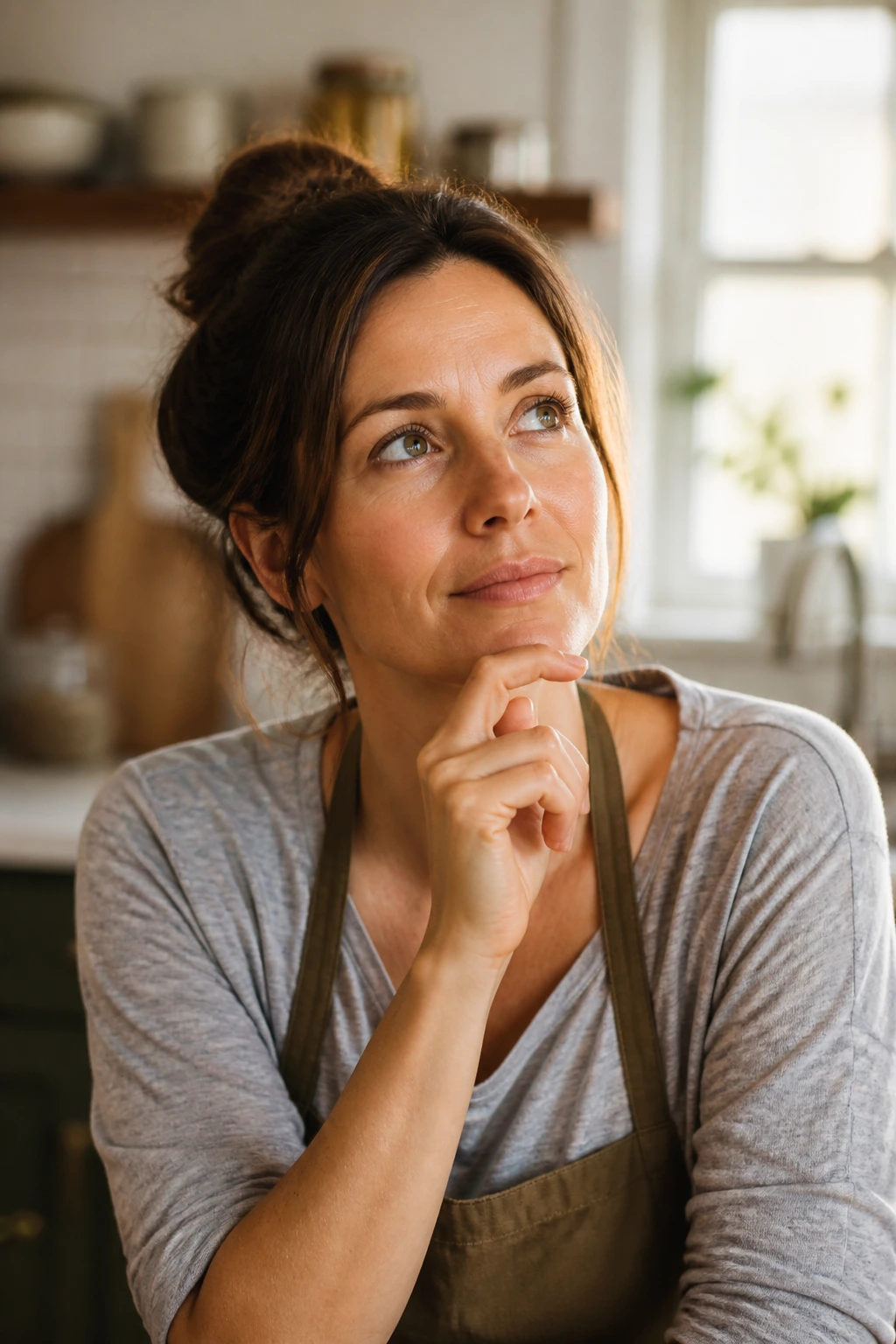 Portrait of a real mom in a cozy kitchen, thoughtful expression.