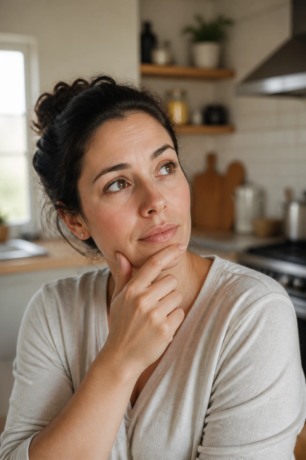 Real mom with a thoughtful expression in a cozy kitchen