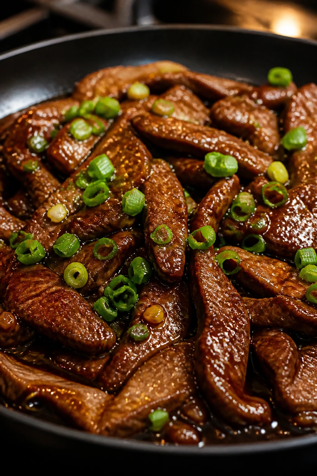 Sizzling Mongolian beef with glossy sauce and scallions in a shallow dish