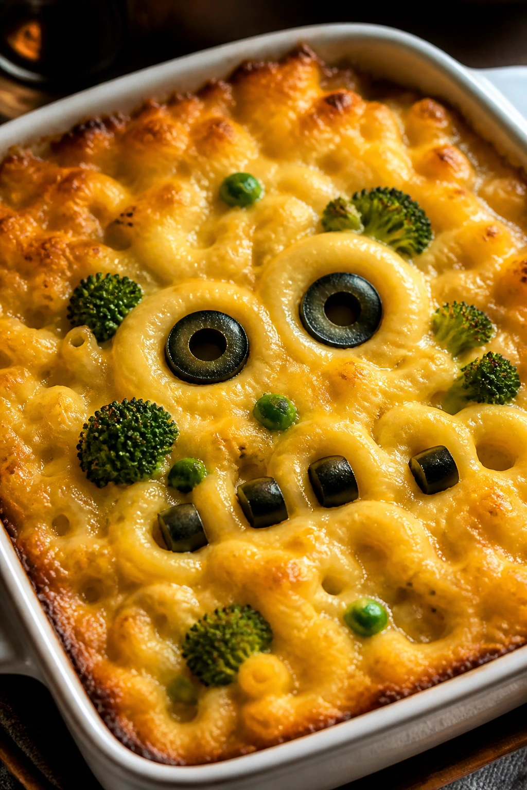 Creamy monster mac and cheese with olive eyes and green vegetables.