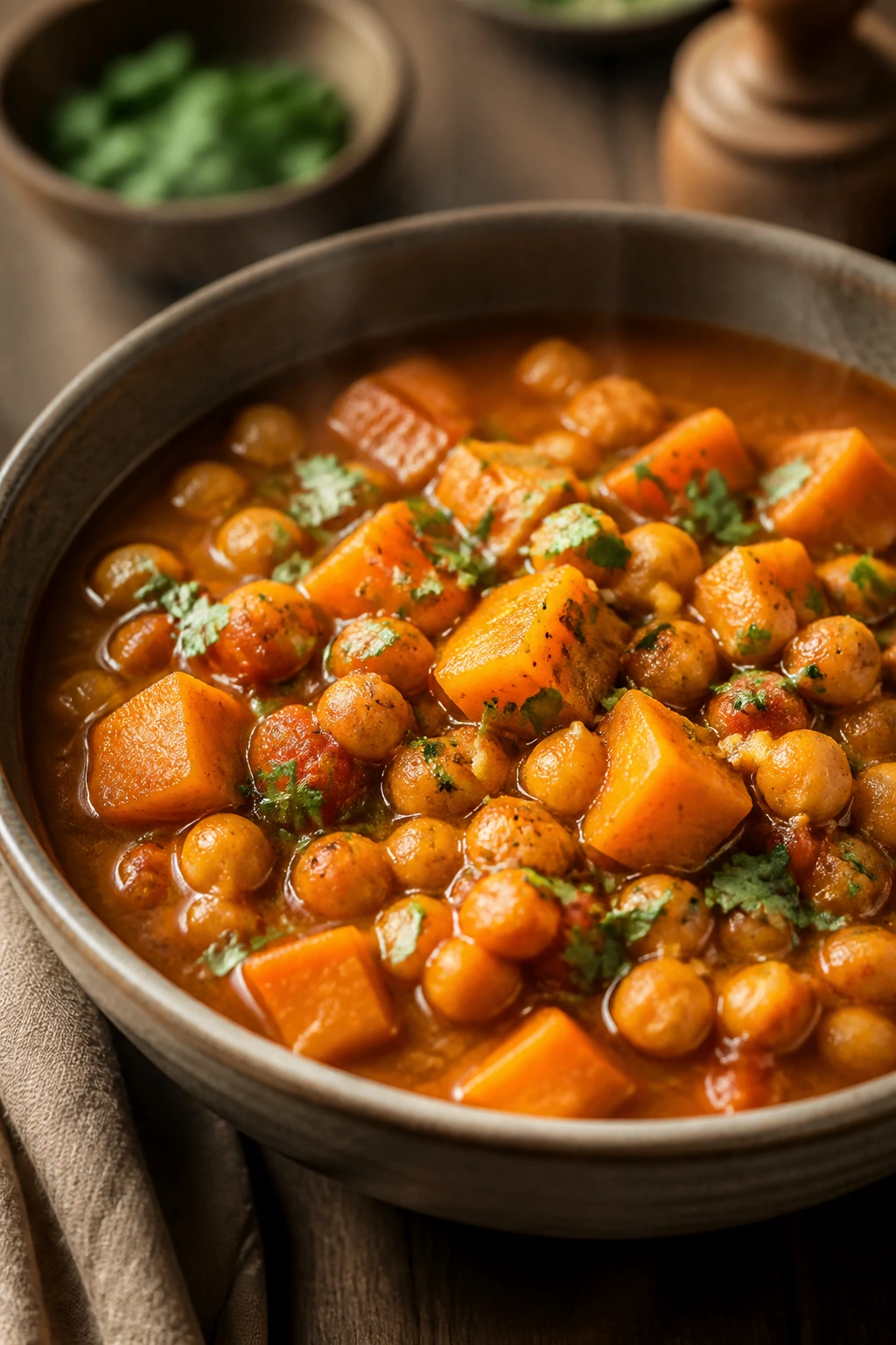 Close-up of Moroccan chickpea and sweet potato stew in a bowl