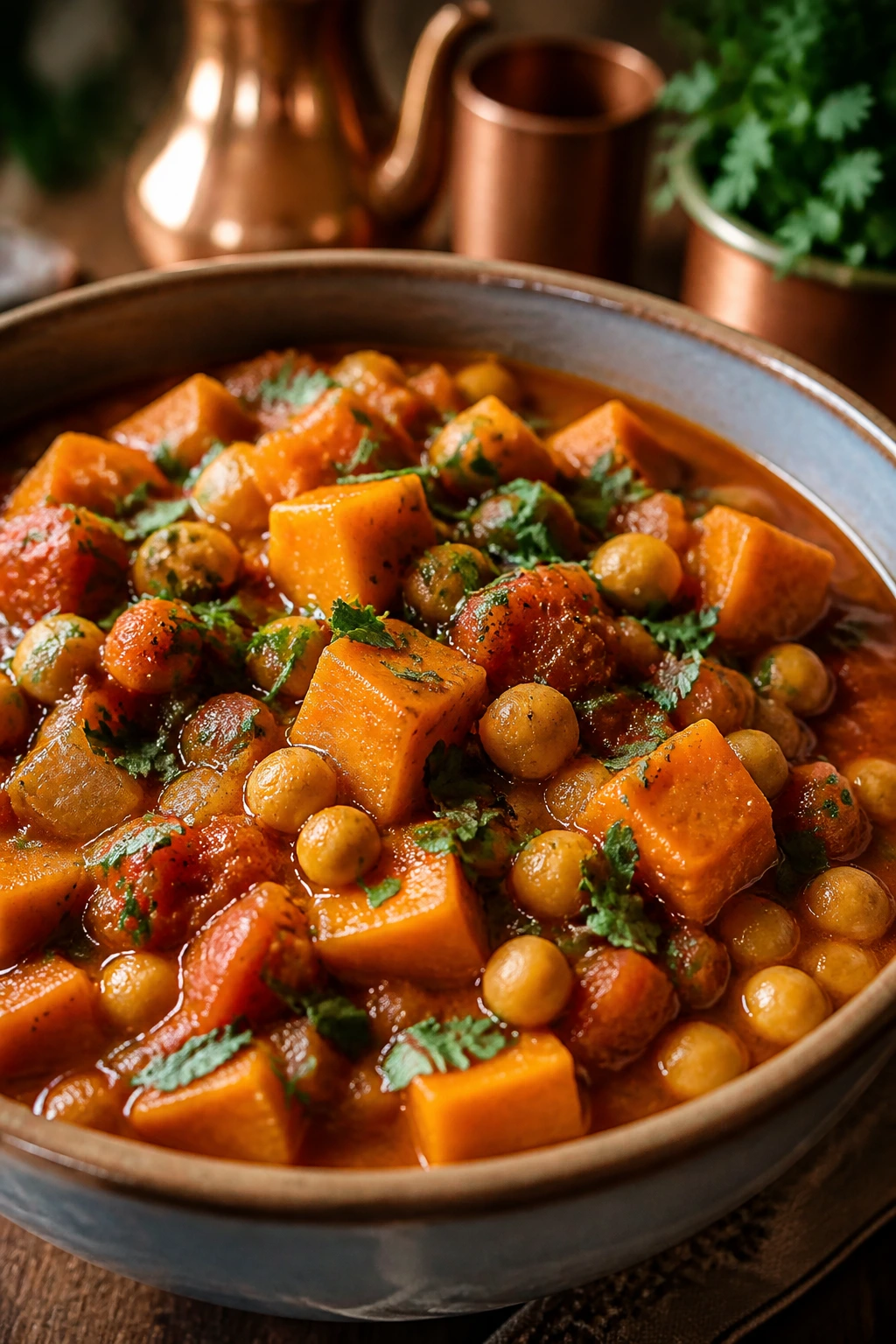 Moroccan chickpea and sweet potato stew in a vibrant bowl