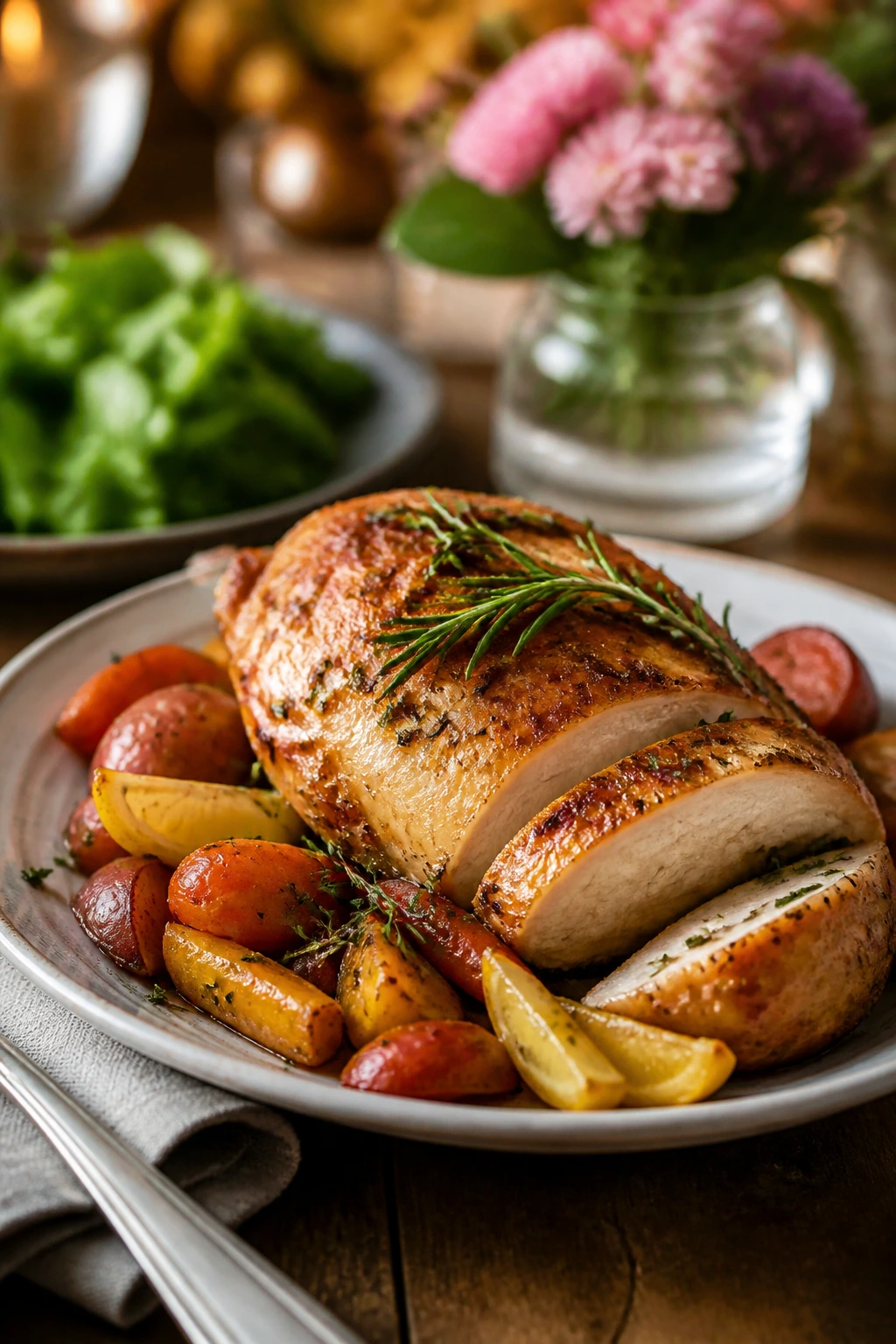 Close-up of an elegantly plated main dish on a rustic table with warm kitchen lighting.