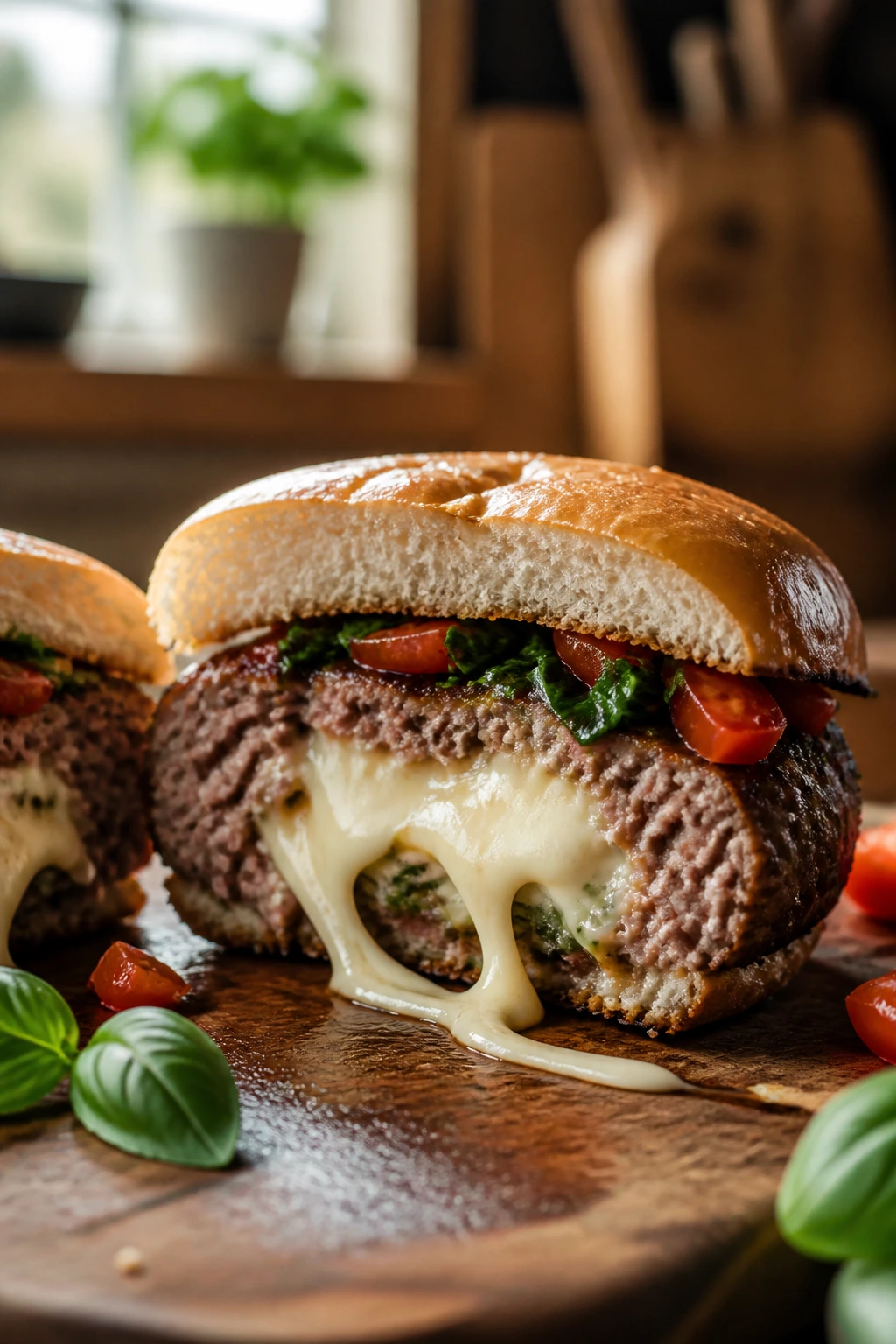 Cross-section stuffed mozzarella burger with basil on a cutting board