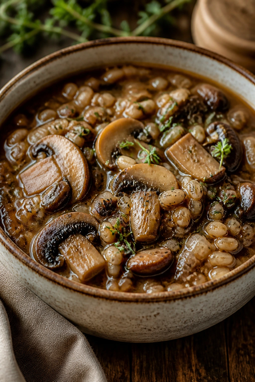 Close-up of Mushroom and Barley Stew with mushrooms and barley in thick broth.