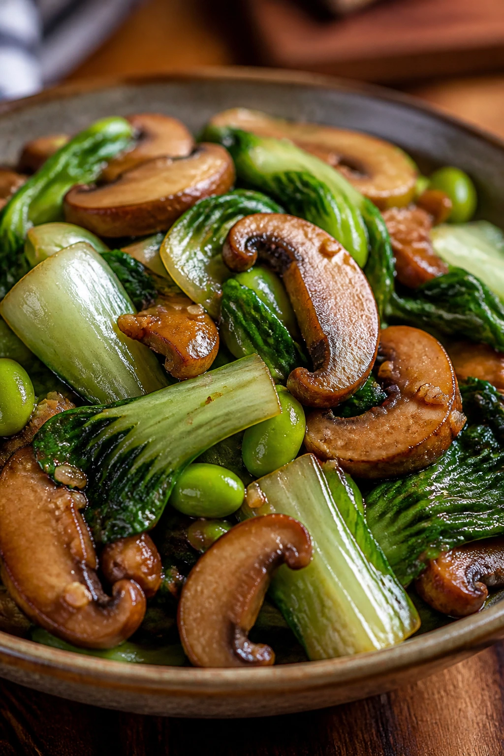 Close-up of mushroom bok choy edamame stir-fry