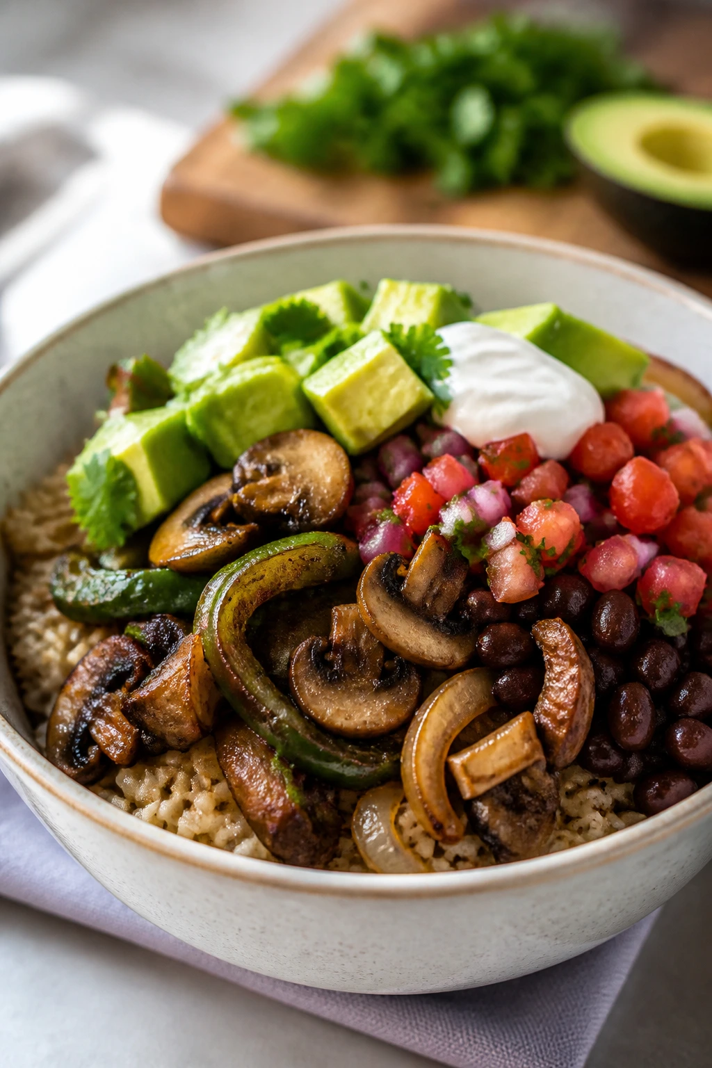 Close-up of browned mushrooms with poblano peppers and onions in a burrito bowl