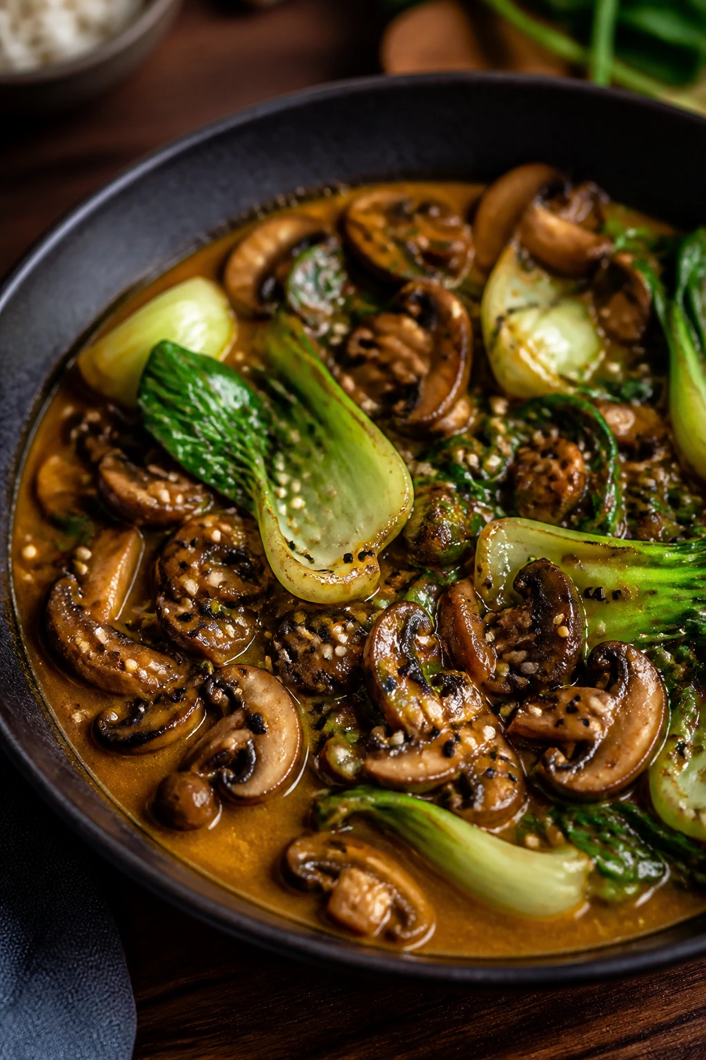 Close-up of mushroom coconut curry with bok choy and sesame
