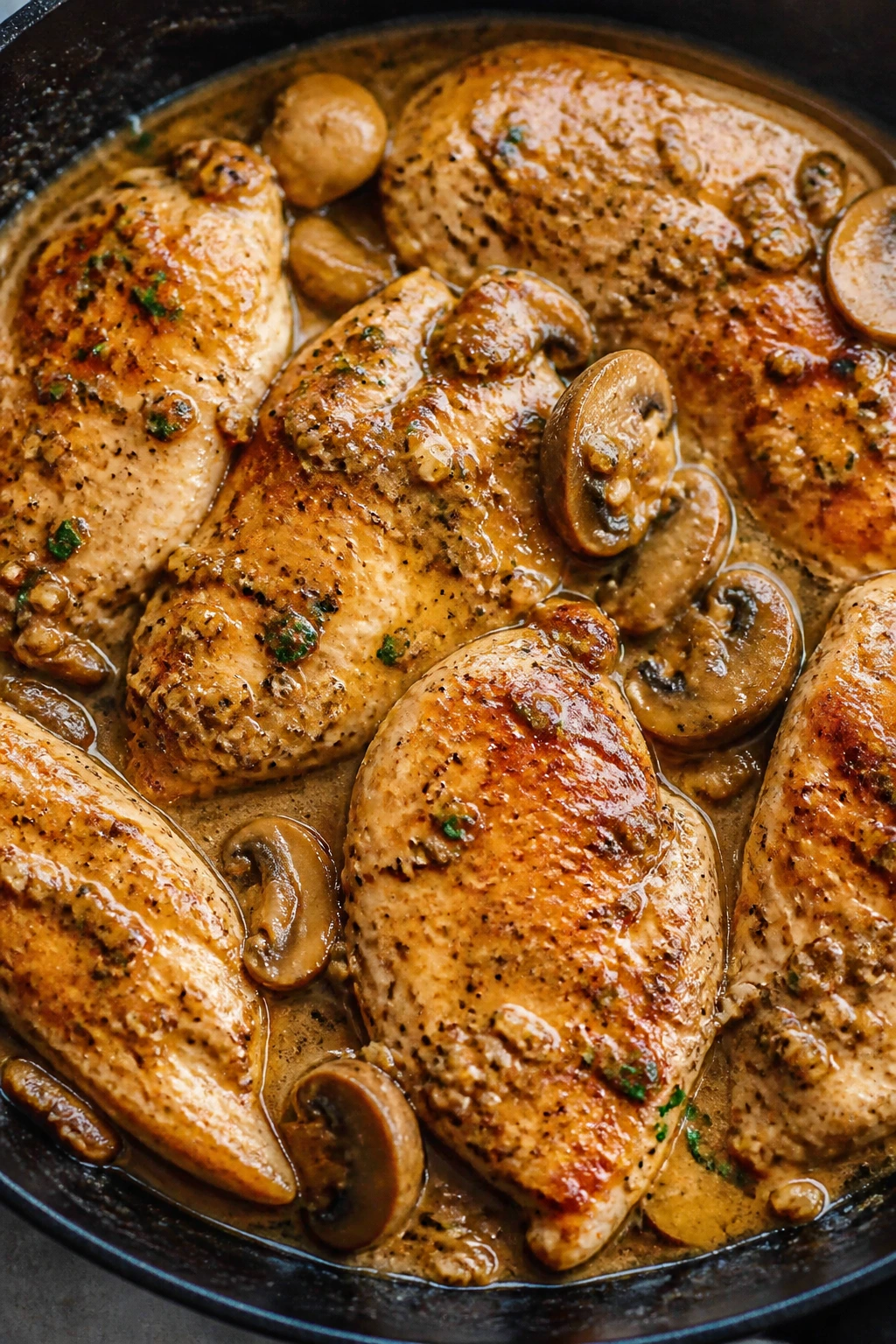 Chicken with mushrooms in Dijon sauce in a skillet.