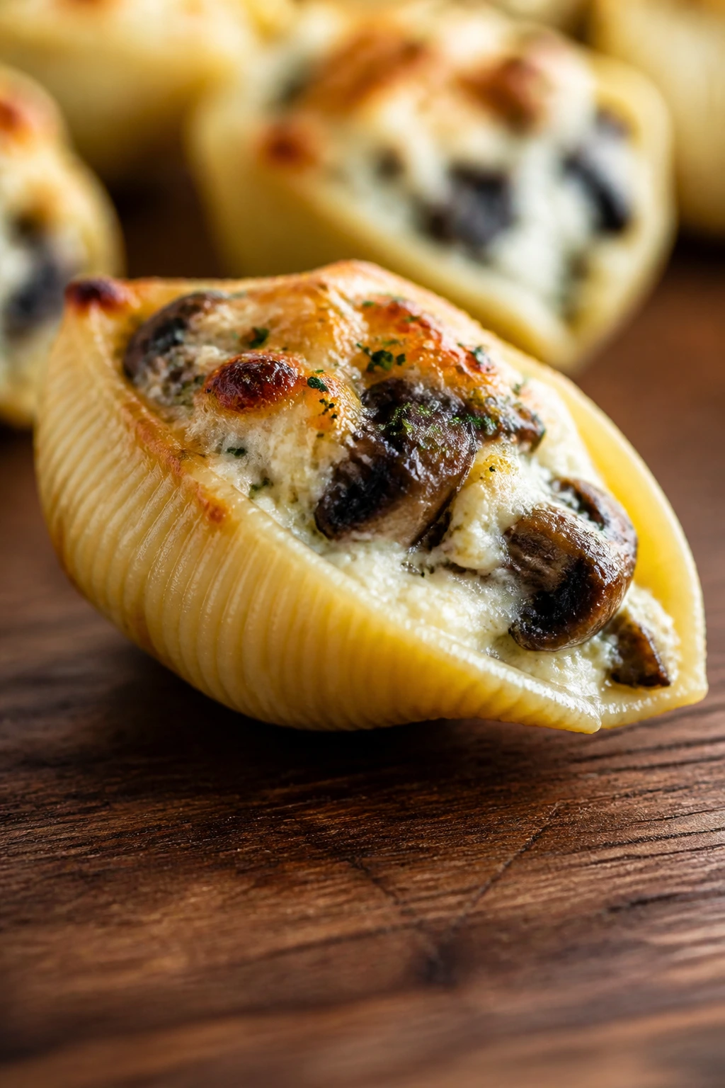 Roasted mushroom and goat cheese stuffed shell close-up