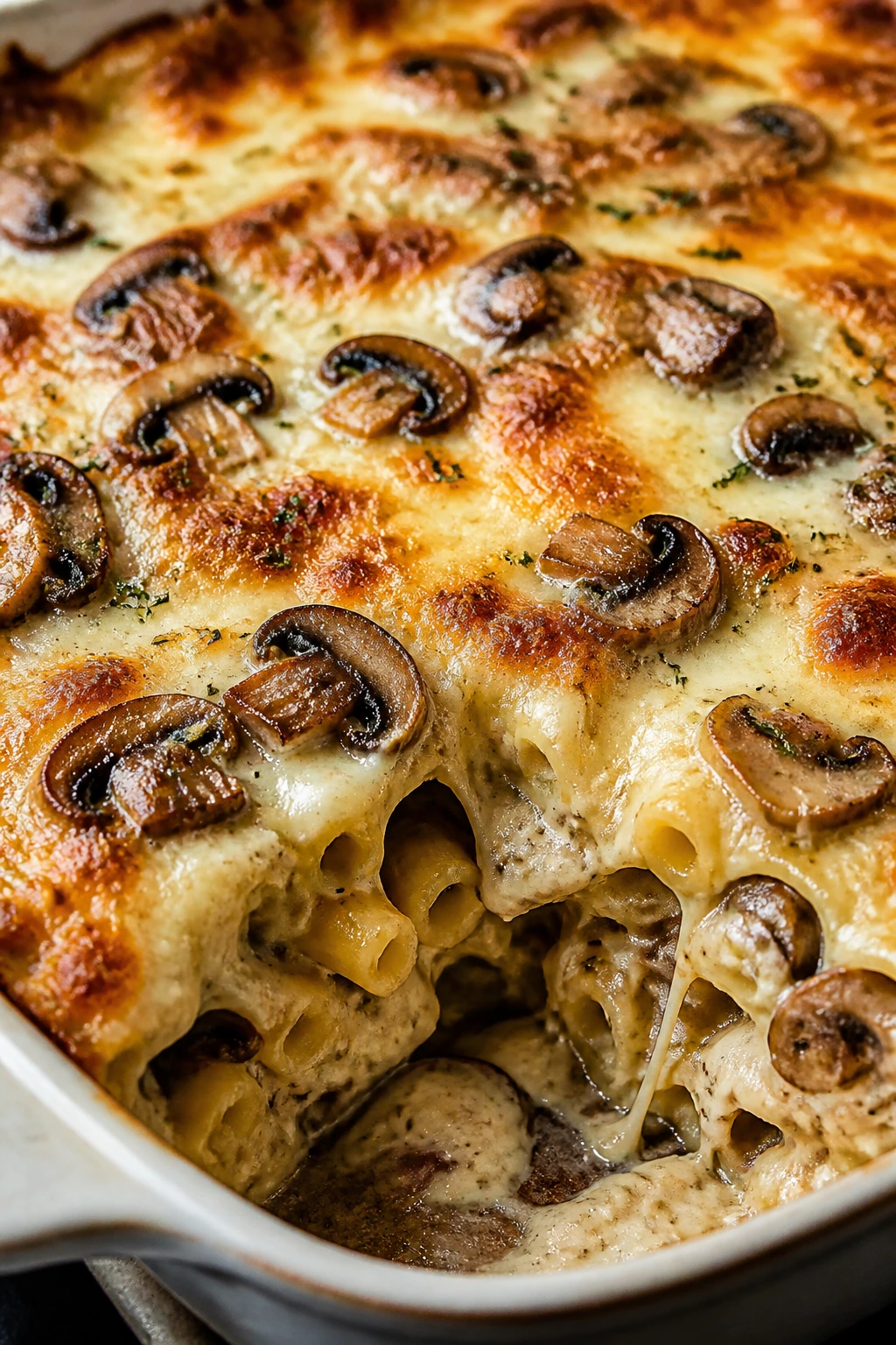 Close-up of mushroom Gruyère pasta casserole in a baking dish