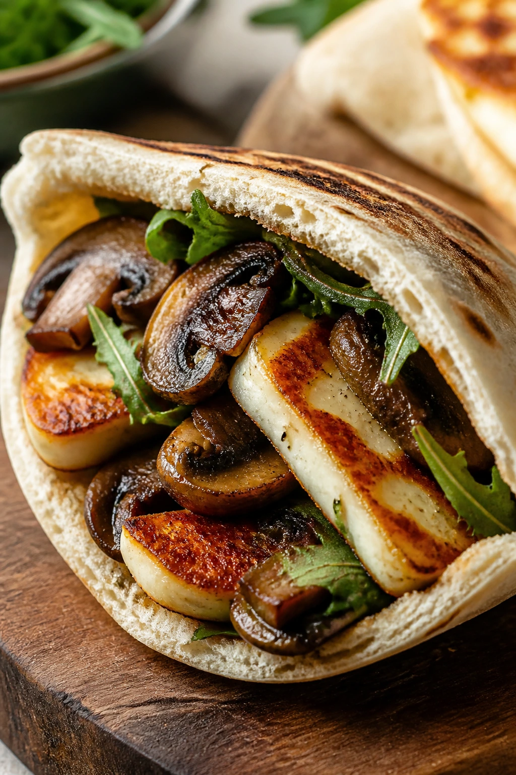 Close-up of Mushroom Halloumi Pitas filling a pita with halloumi and mushrooms on a wooden board