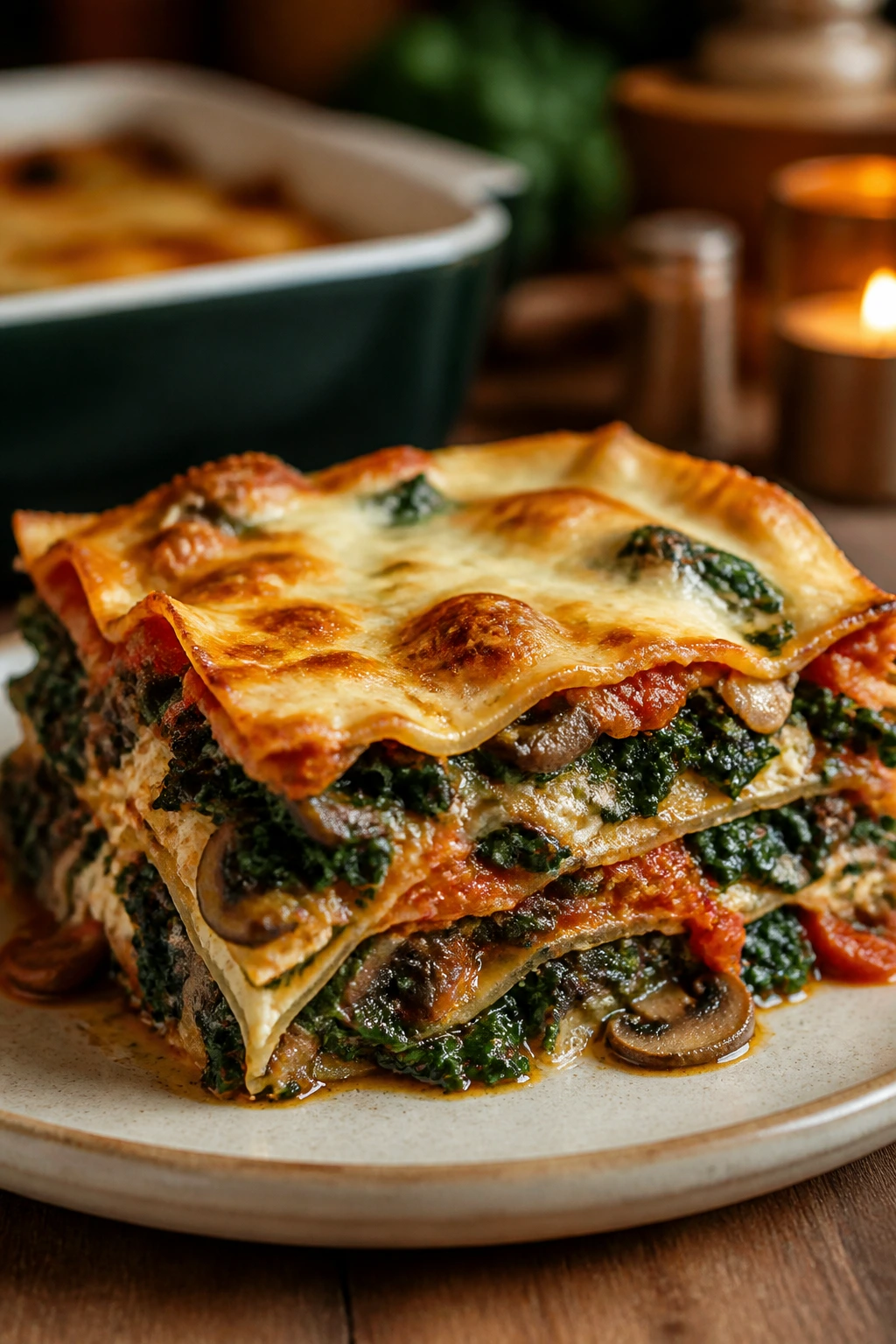 Close-up of Mushroom and Kale Lasagna slice with mushrooms and kale