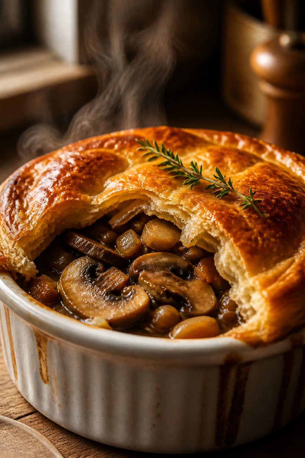 Close-up of mushroom and lentil pot pie in ramekin with flaky crust