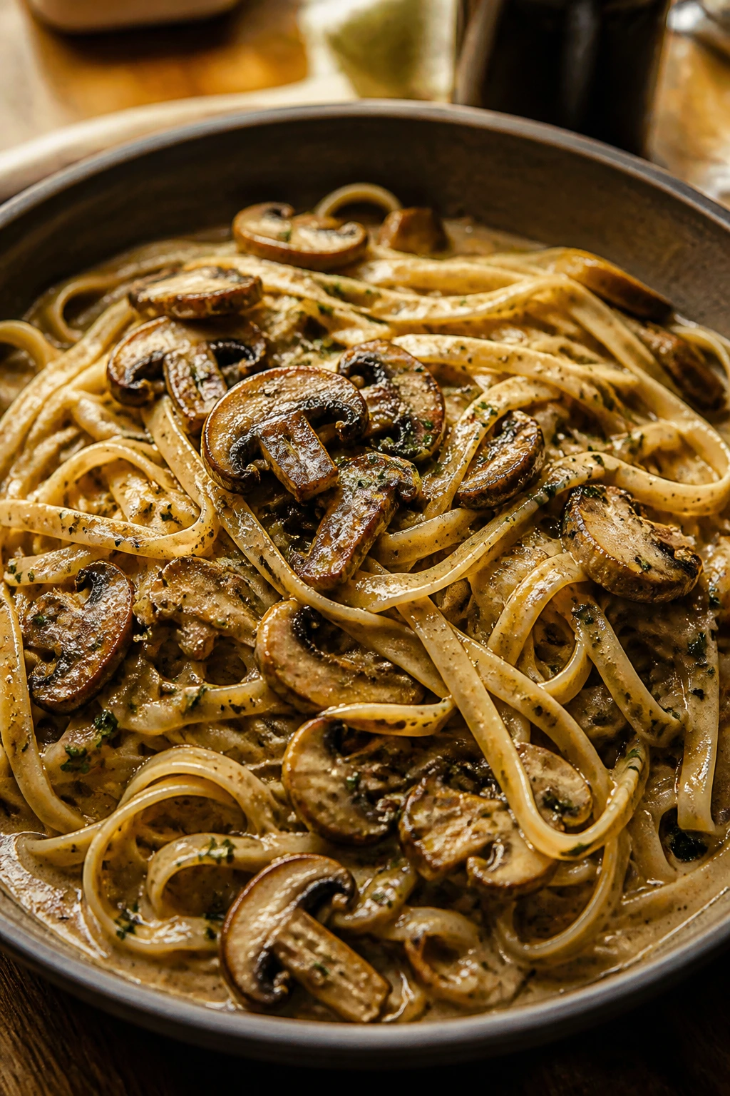 Close-up of Mushroom Marsala Fettuccine with browned mushrooms.