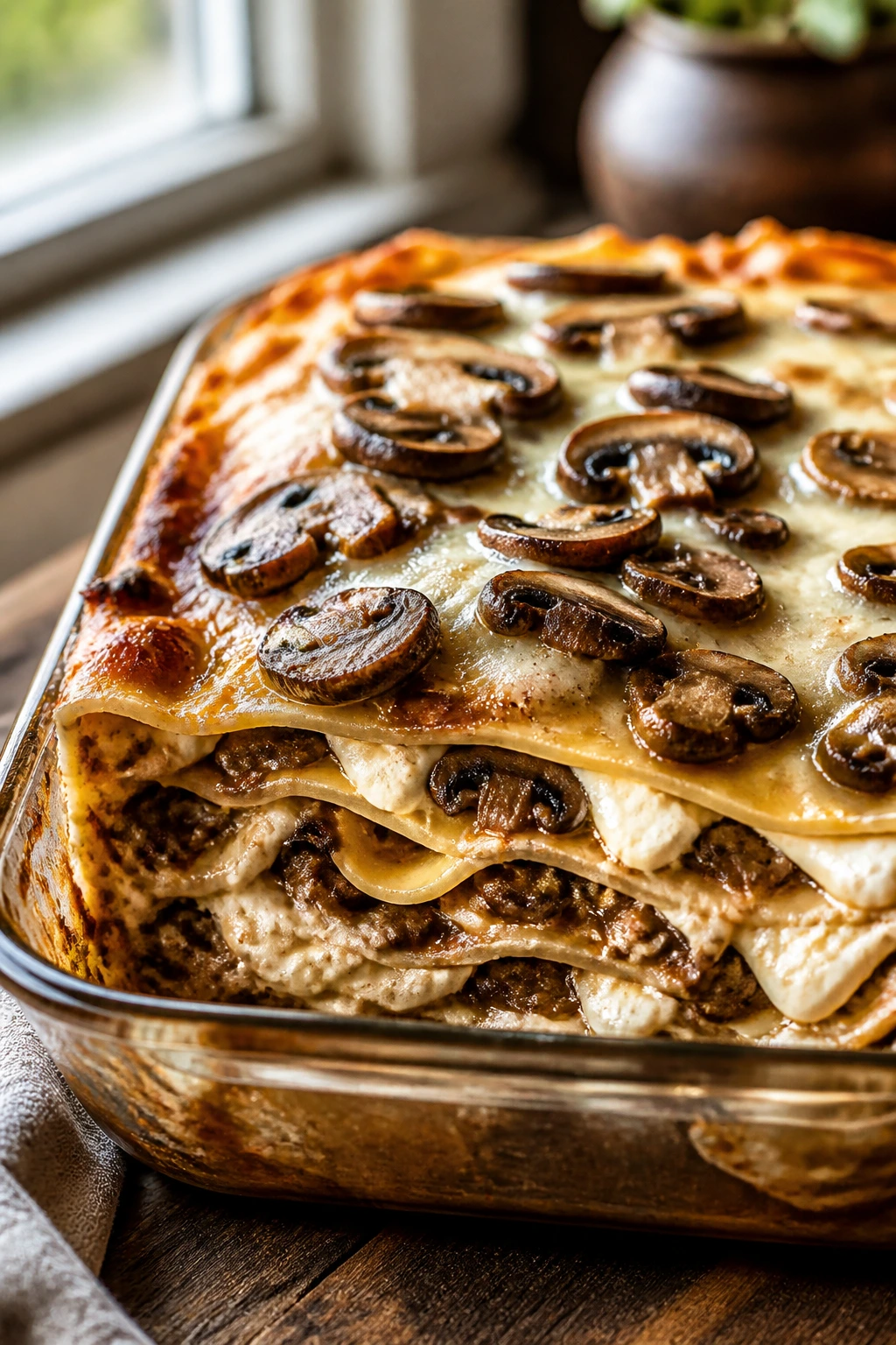 Close-up of mushroom Marsala lasagna with mushrooms and creamy cheese layers
