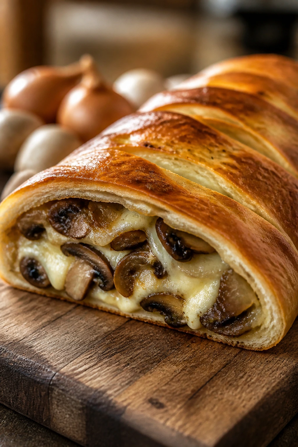 Mushroom onion Swiss stromboli on wooden board