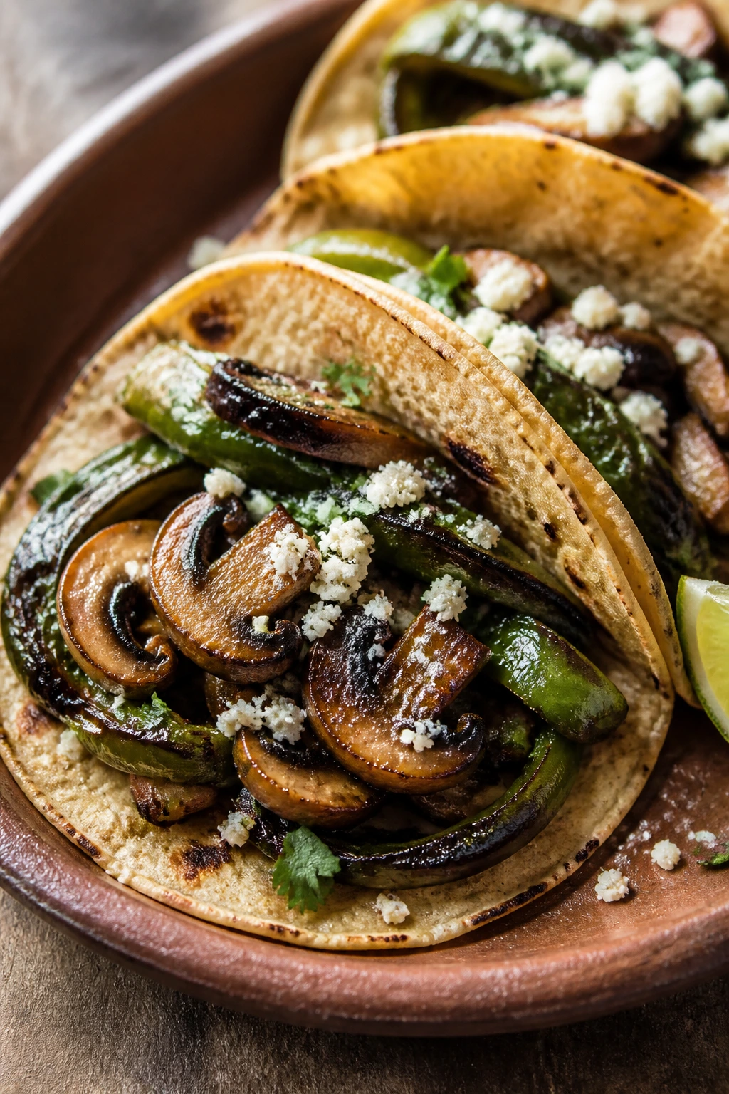 Close-up of mushroom and poblano taco with browned mushrooms on plate