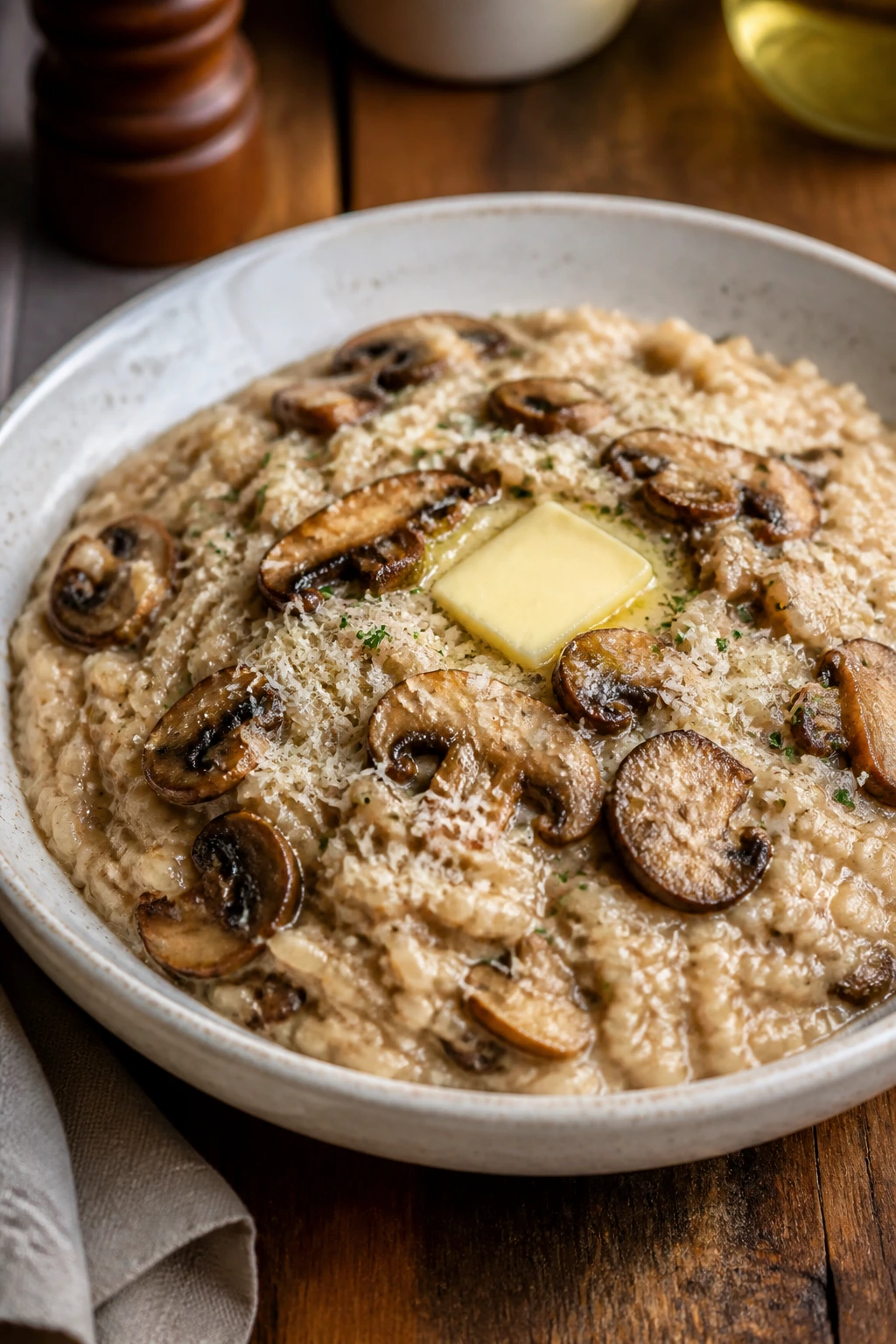 Creamy mushroom risotto with Parmesan in a bowl