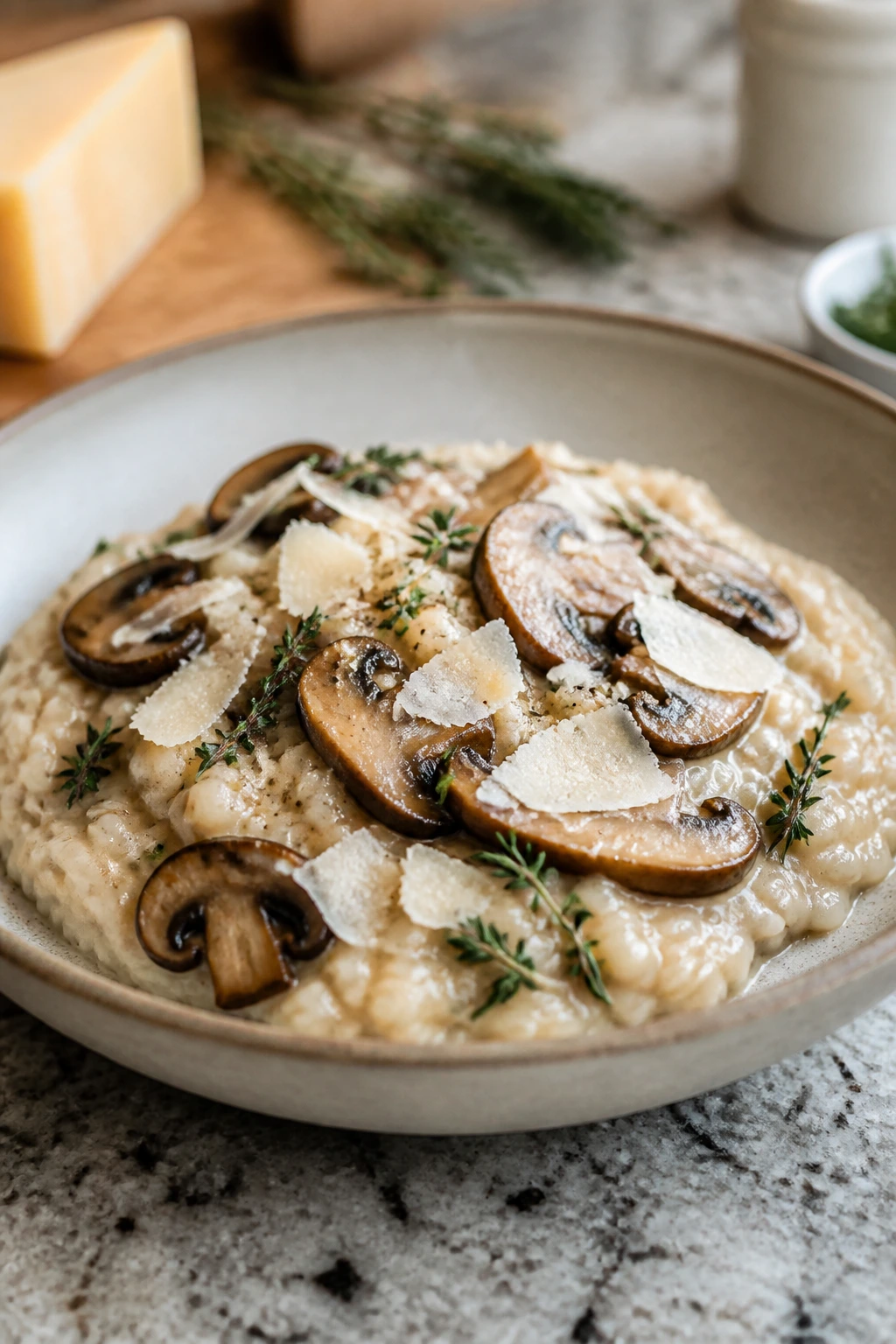 Creamy mushroom risotto with parmesan and thyme in a bowl.