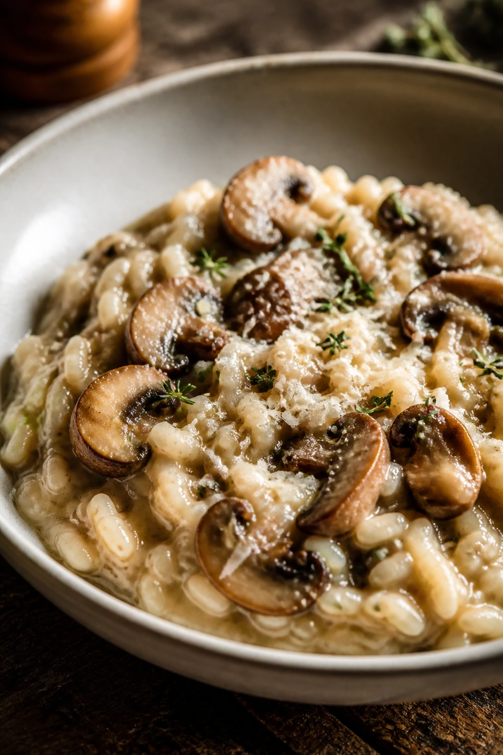 Creamy mushroom risotto with parmesan and thyme in a bowl.