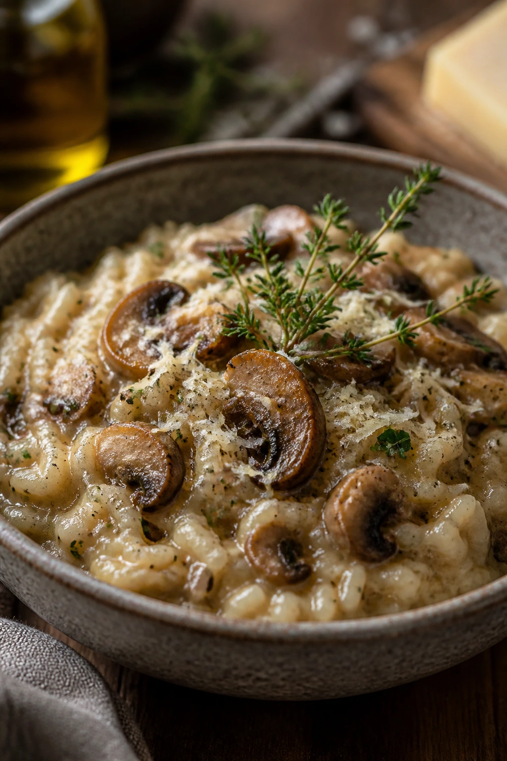 Creamy mushroom risotto with parmesan and thyme in a rustic bowl.