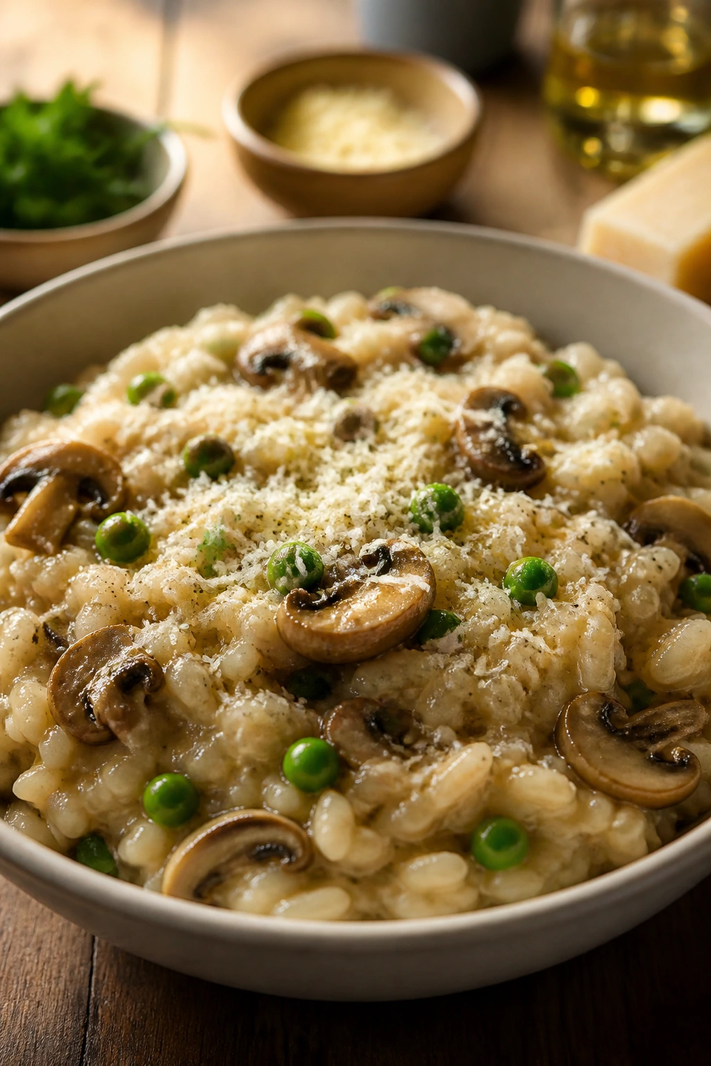 Creamy mushroom risotto with peas and parmesan.