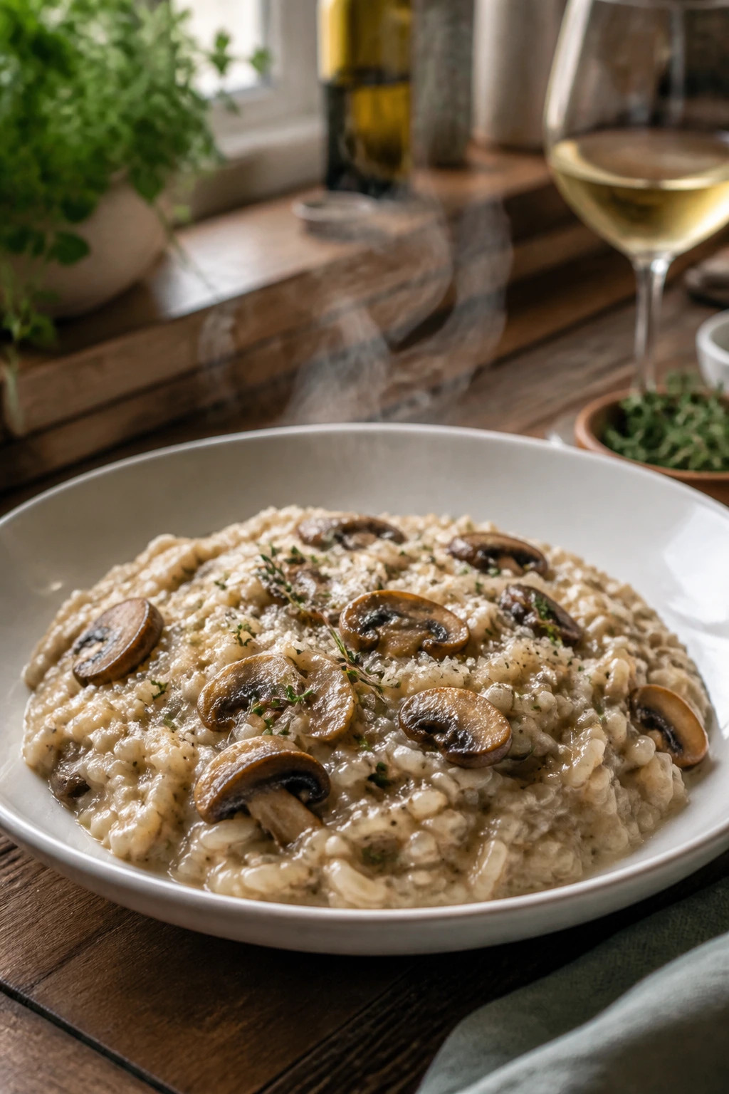 Creamy mushroom risotto in a white bowl on a warm kitchen counter