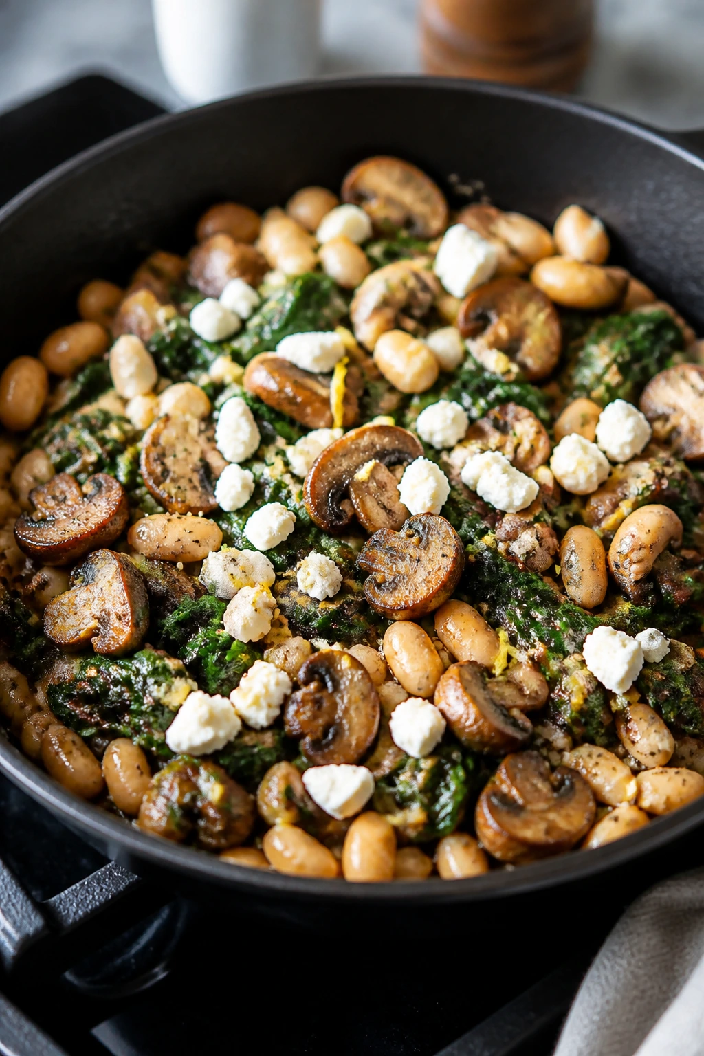 Close-up of Mushroom Spinach Feta White Bean Skillet with mushrooms, beans, spinach and feta