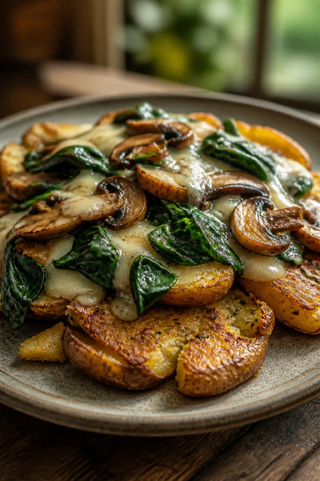 Close-up of mushroom, spinach, and Gruyère melted over shingled smashed potatoes on a rustic plate