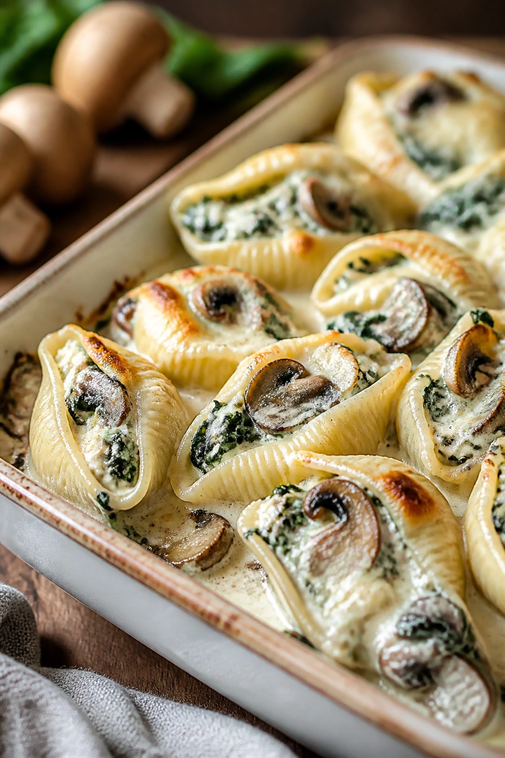 Close-up of creamy mushroom spinach shells bake on a kitchen counter