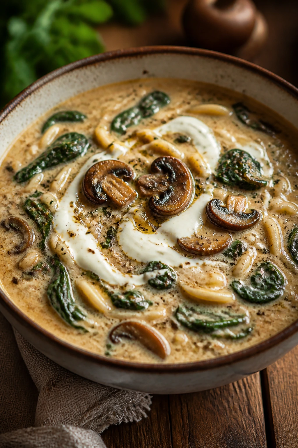 Creamy mushroom and spinach soup with visible mushrooms in a bowl.