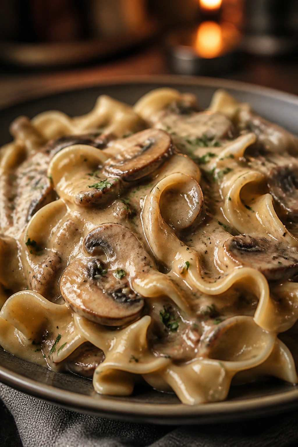 Close-up of creamy mushroom stroganoff with egg noodles on a plate