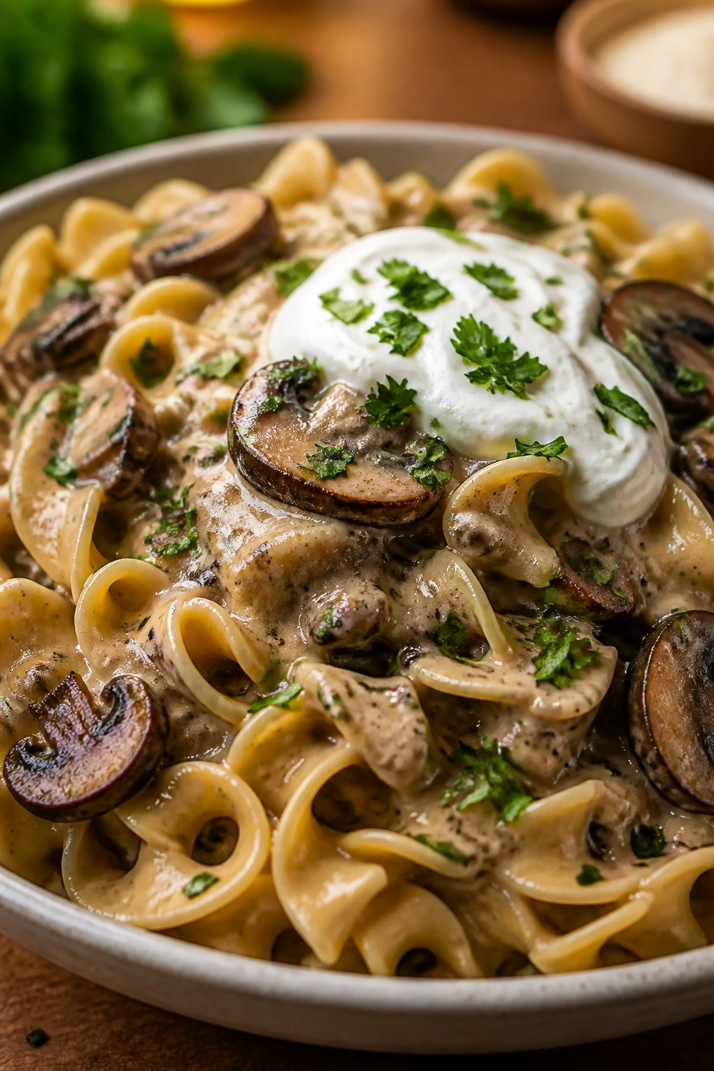 Creamy mushroom stroganoff egg noodles close-up