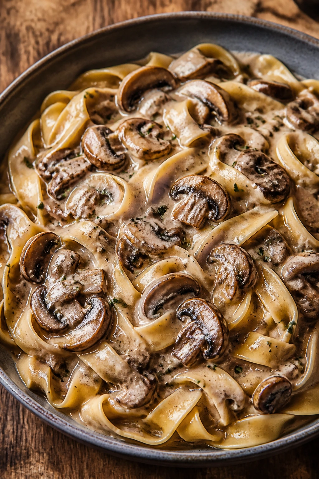Creamy mushroom stroganoff over egg noodles in a bowl.