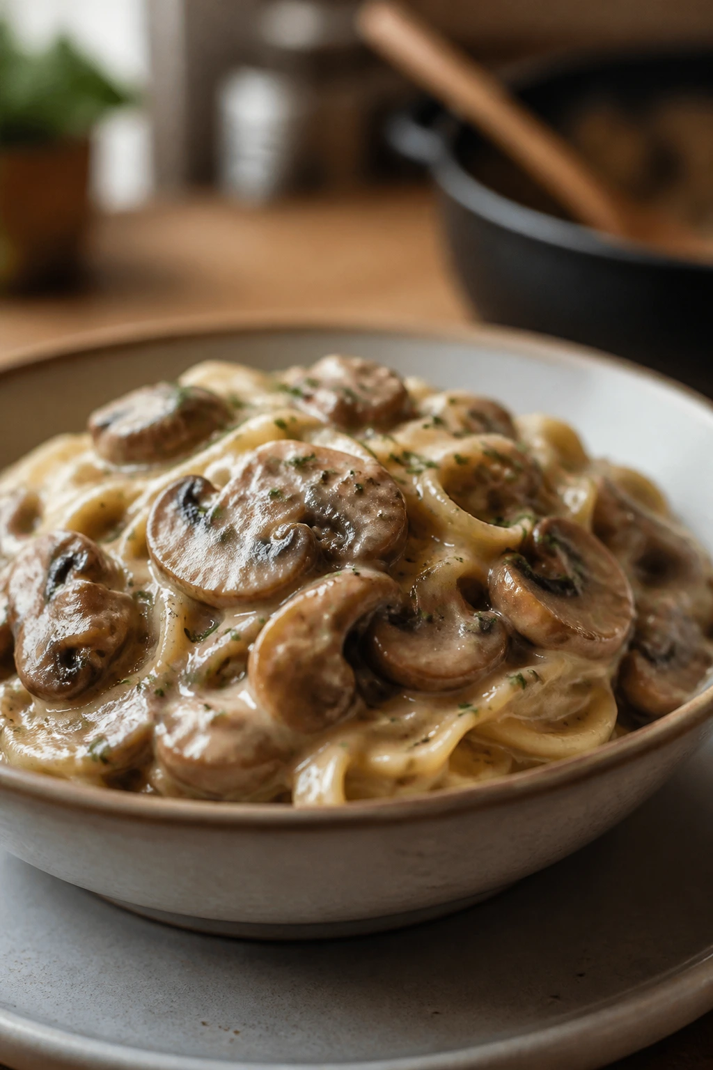 Creamy mushroom stroganoff in a bowl on a simple plate