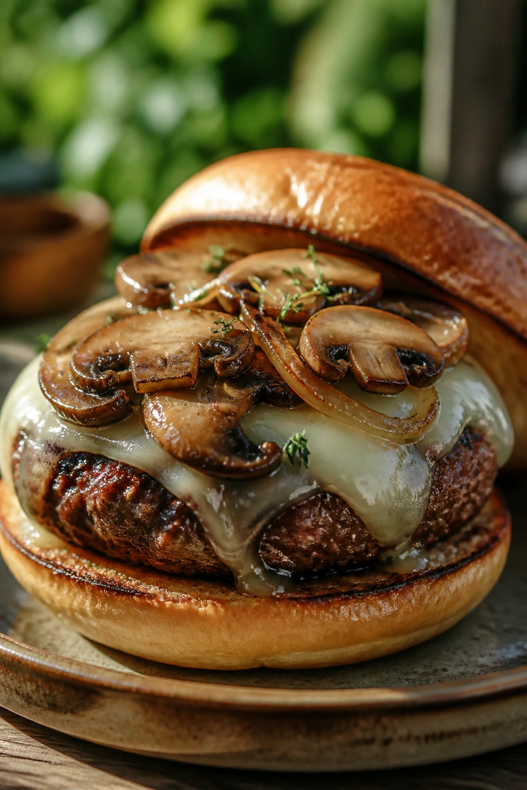 Close-up of mushroom Swiss burger with thyme onions
