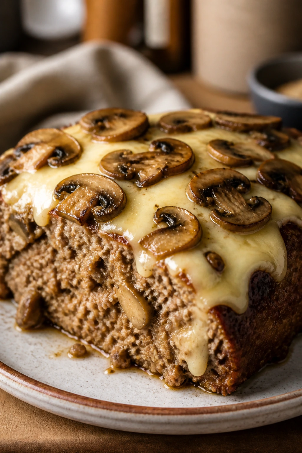 Meatloaf with mushrooms and Swiss cheese on plate