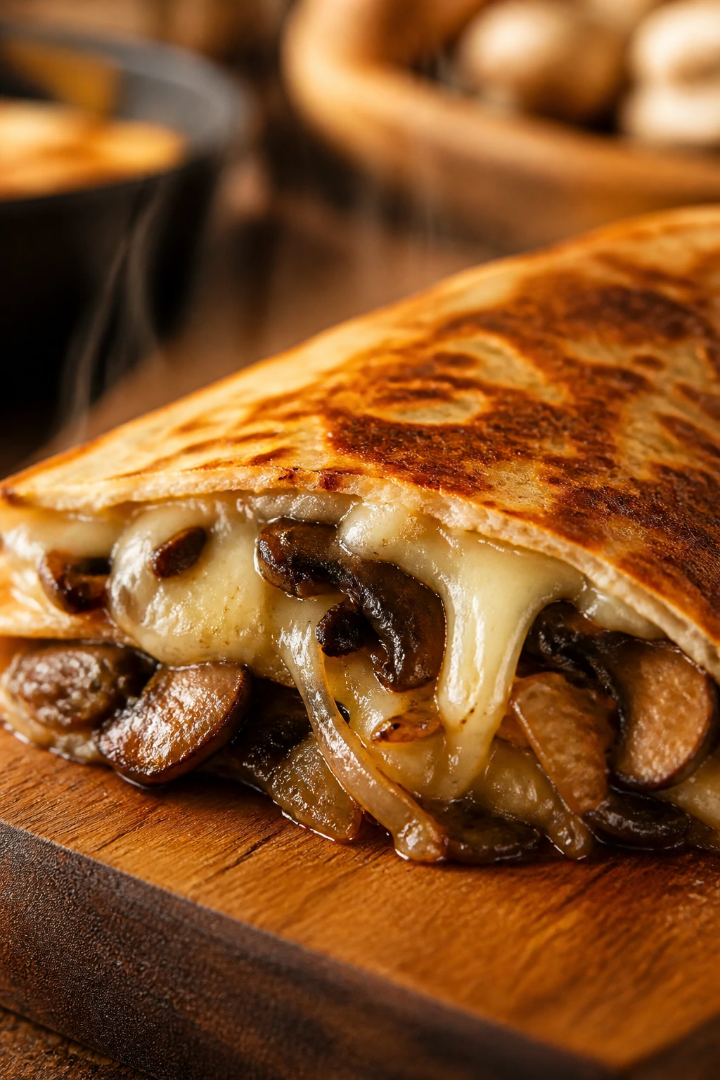Quesadilla with mushrooms, Swiss cheese, and caramelized onions melting inside