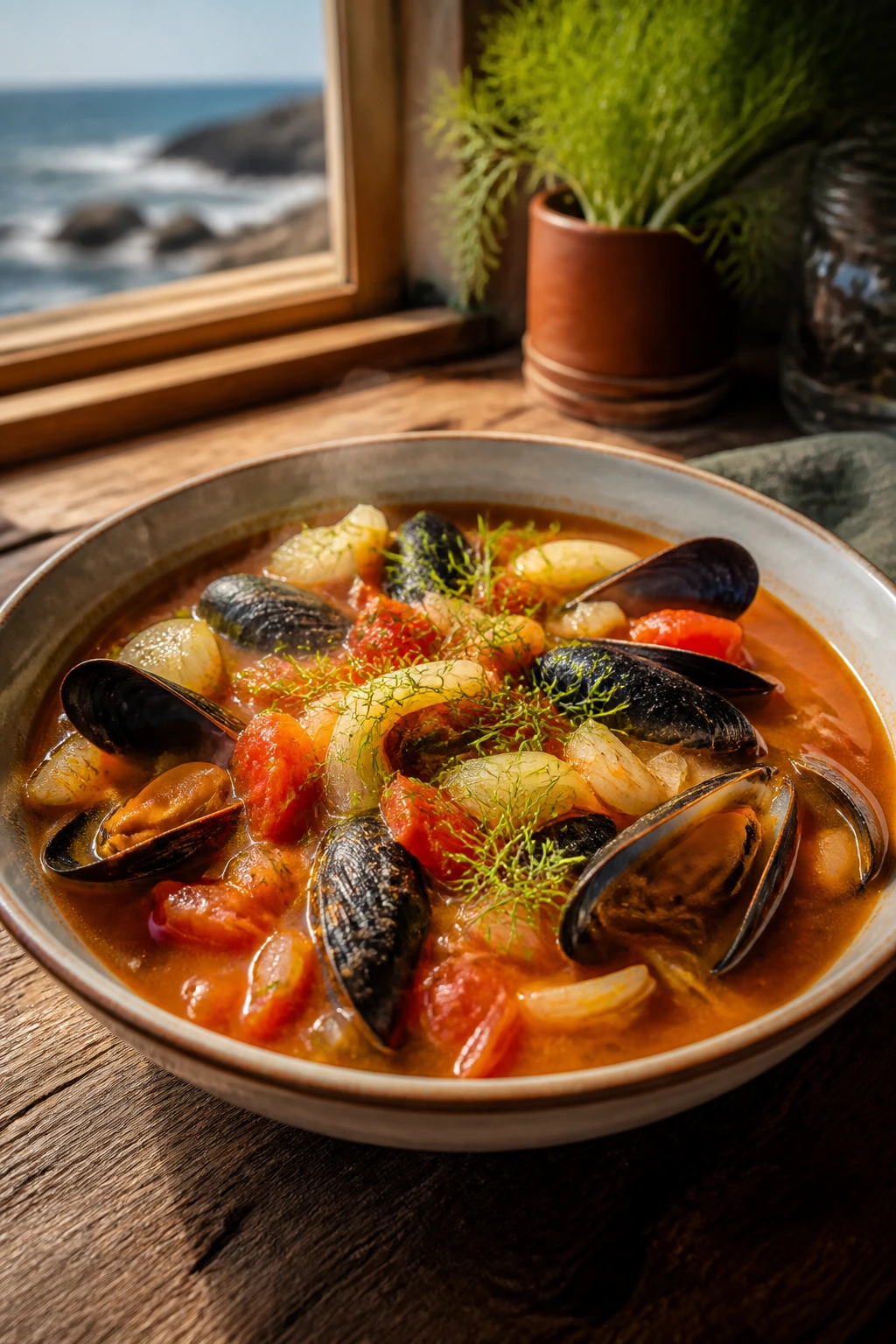 Close-up of mussel, tomato, and fennel chowder in a coastal kitchen